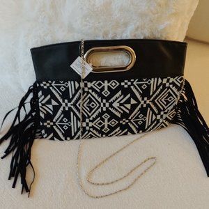 NWT Black & White Fringe Detail Purse Silver Chain Clutch Shoulderbag
